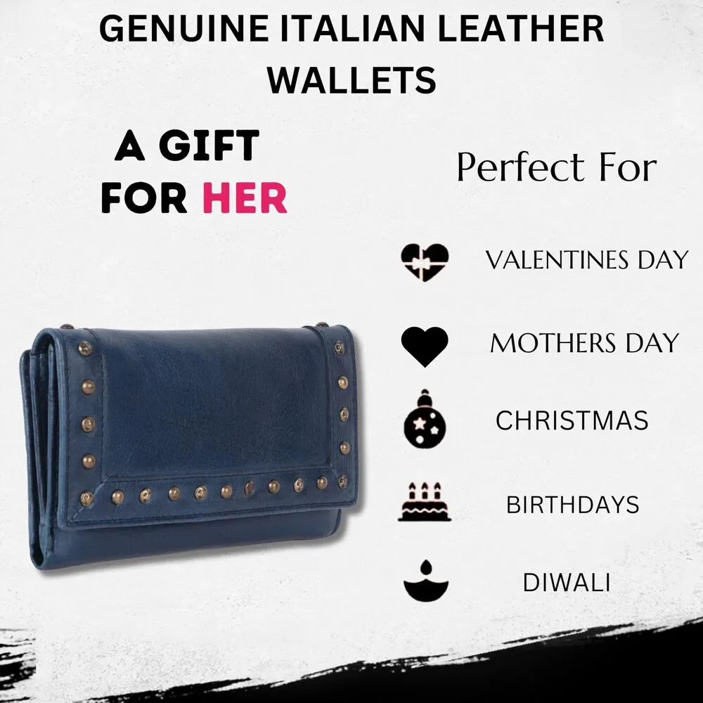 Leather Fold-Over Wallet with Stud Detail - Blue